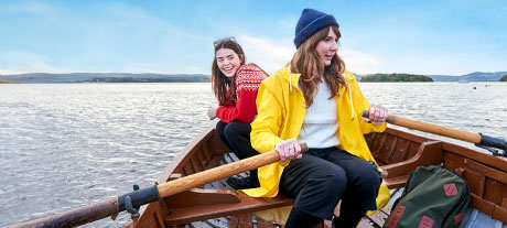 Mother and daughter rowing on a boat