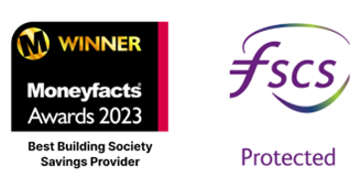 Moneyfacts Awards 2023 Best Building Society Savings Provider Winner and FSCS logos