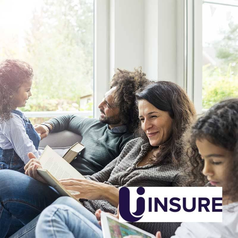 family sat down together smiling and reading books with the Uinsure logo overlayed